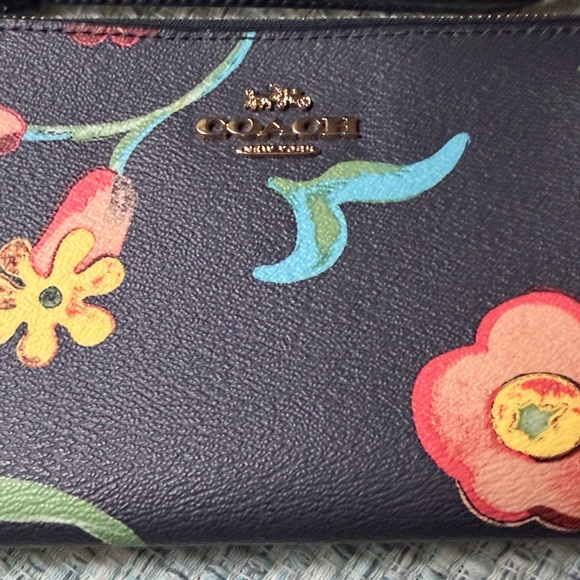 COACH Navy Floral Leather Wristlet with Multicolor Blooms - Picture 12 of 12